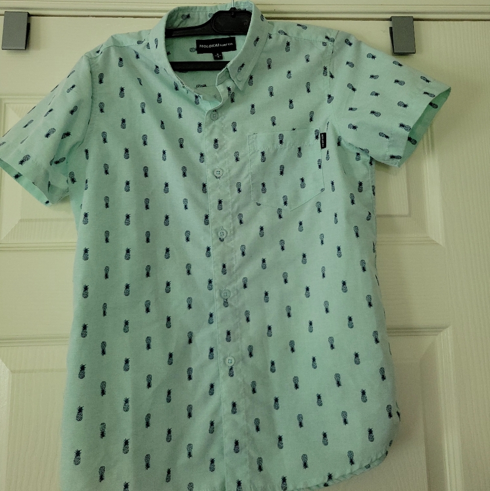 Molokai Surf Co Boys Button Down Blue Pineapple Shirt Small (8) Short Sleeve